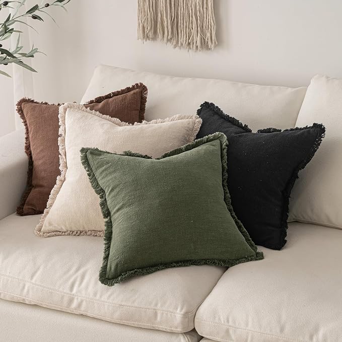 MIULEE Decorative Throw Pillow Covers Neutral Linen Fringe Throw Pillows Euro Shams Set of 2 Black Boho Farmhouse Cushion Covers for Couch Sofa Bed Living Room Spring Home Decor 24x24 Inch