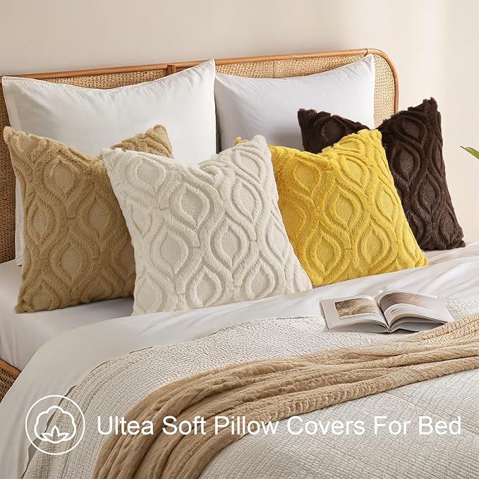 decorUhome Beige Yellow Faux Fur Soft Throw Pillow Covers 18x18 Set of 4 | Fall Neutral Decorative Plush Couch Pillow Covers, Accent Modern Farmhouse Neutral Pillow Cases for Sofa Bed Living Room