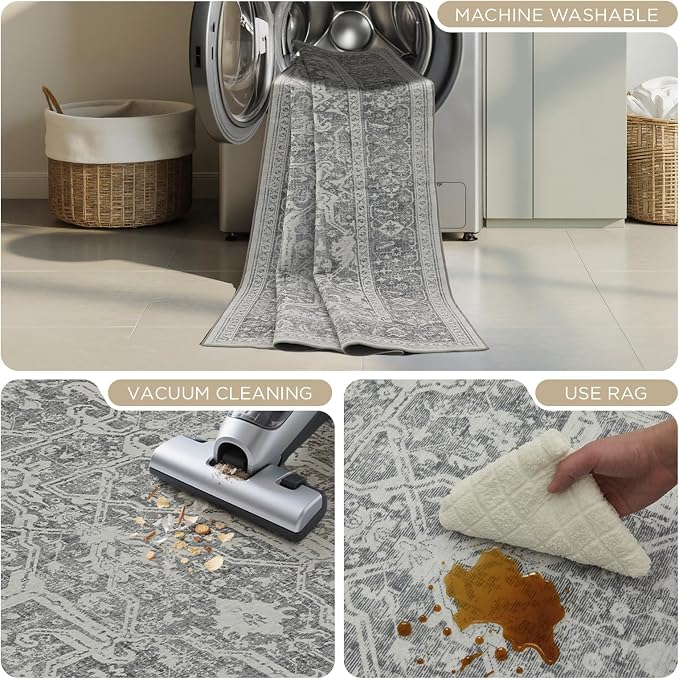 Joydeco Washable 2x6 Hallway Runner Vintage, Light Gray&Dark Gray&White | Water Resistant Low Pile Non Slip Backing for Kitchen Entryway Bedroom Bathroom Dining Room