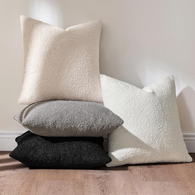 MIULEE Decorative Boucle Throw Pillow Covers 20x20 Black White Set of 4 | Textured Accent Pillow Cases Soft Couch Cushion Covers for Modern Farmhouse Boho Sofa Bed Livingroom Home Decor