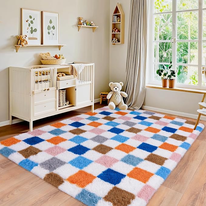 Pionblank Fluffy Area Rug for Bedroom 5x7, Modern Indoor Shag Carpet, Soft Plush Non Slip Checkered Rugs for Living Room Kids Room Home Decor, Rainbow