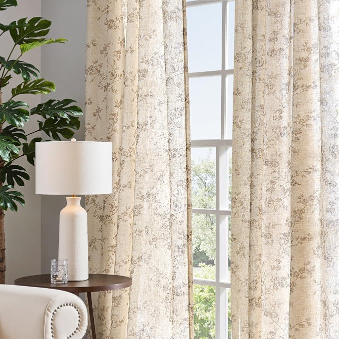 jinchan Taupe Floral Linen Curtains 96 Inch Farmhouse Back Tab 2 Panels | Taupe on beige, light filtering, farmhouse, rustic, country, flower, privacy, bedroom, living room, office, window treatment