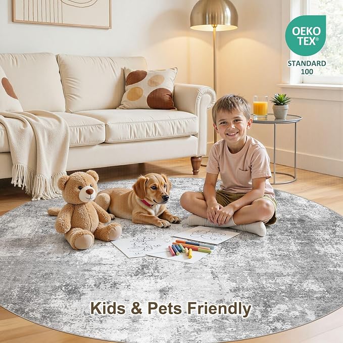 6Ft Round Area Rug for Living Room, 6x6 Washable Rugs Non-Slip Soft Large Modern Abstract Pattern Low Pile Carpet for Bedroom Indoor Floor Nursery Home Decor - Grey