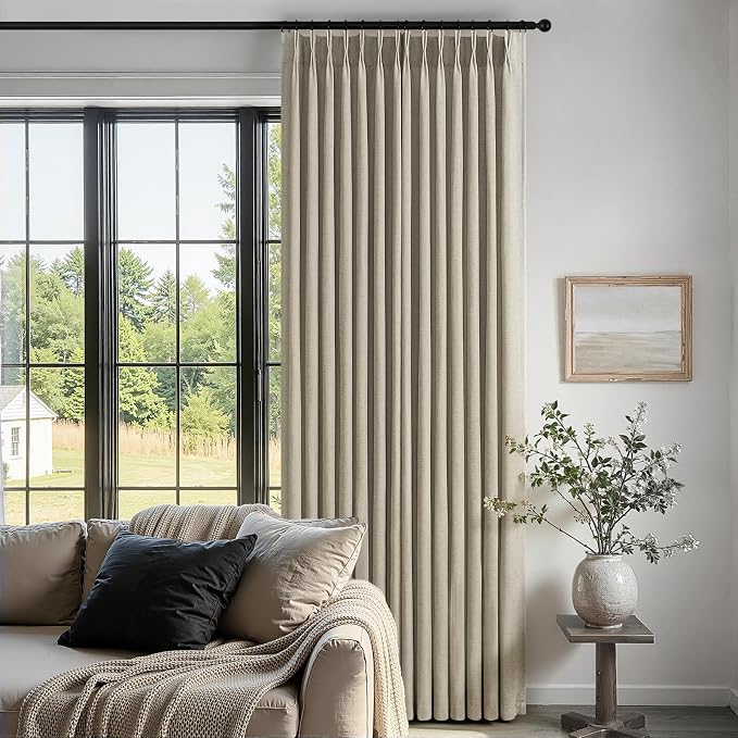 Topfinel 95 Inches Long Pinch Pleated Semi Sheer Curtains,Grey Beige Linen Blended Light Filtering Window Curtains 95 Length 2 Panels for Living Room Bedroom Pinch Pleat Drapes with Hooks,40" Wx95 L