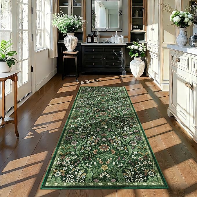 3×7 Washable Runner Rug,Dark Green Floral Kitchen Rugs for Hallway,Low-Pile Non-Slip Stain Resistant Carpet for Kitchen, Bedside,Laundry Room,Entryway