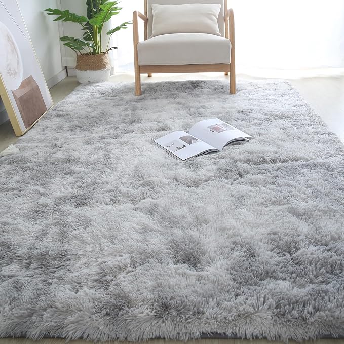 Living Room Shag Area Rug 8x10 - Soft Non-Slip Carpet Tie-Dyed Light Gray | Modern Grey Style: Cool Neutral Grey Complements Any Sofa, Furniture Or Decor - A Timeless Choice For Any Living Space