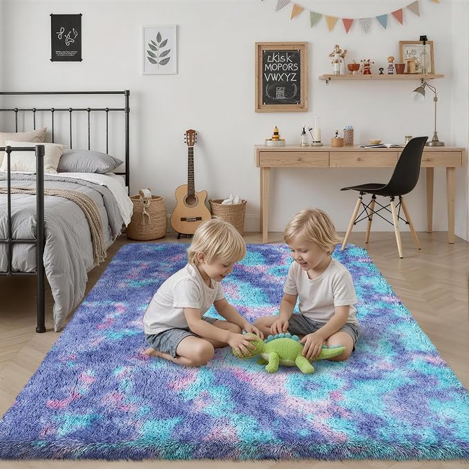 Fluffy 4x6 Area Rugs for Living Room Bedroom: Ultra Soft Shag Rug Non-Slip Non-Shedding Small Plush Bedside Rug Indoor Floor Carpets for Kids Room Playroom Entryway Nursery Dorms Home Rainbow Purple