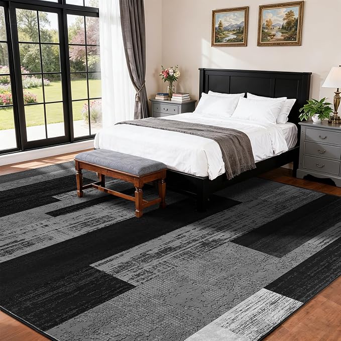 LIANLAM 6x9 Washable Area Rugs for Living Room and Bedroom(6x9,Black&Gray) | Non-Slip Large Carpet,Vintage Checkered Pattern, Stain Resistant Faux Wool Low Pile Soft Rug for Dining Room,Office,Nursery
