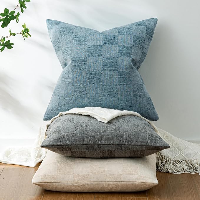 a moment Set of 2 Decorative Linen Throw Pillow Covers,Large Grid Textured Neutral Boho Farmhouse Cushion Covers,Soft Aesthetic Pillowcases for Couch Sofa Living Room Home Decor,22x22 Inch,Blue