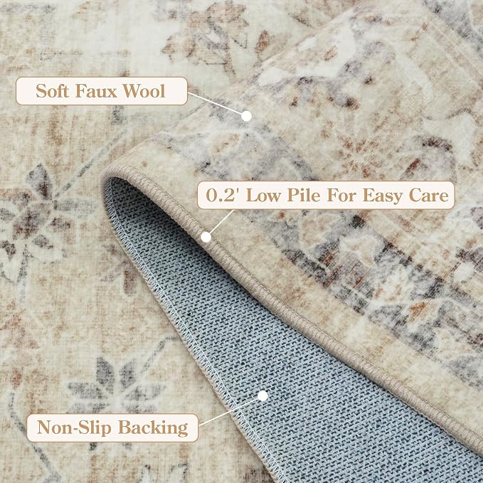 LIVEBOX Washable Area Rug 9x12 Rugs for Living Room Bedroom, Non-Slip Boho Neutral Carpet for Dining Room Office, Low-Pile Farmhouse Soft Carpets for Kids Nursery Room Playroom, Tan