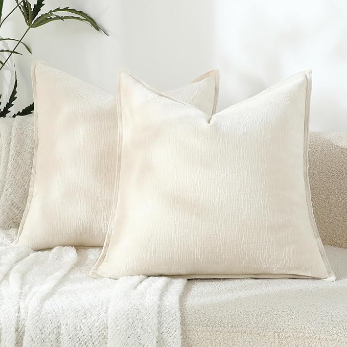 Stellhome Pack of 2 Soft Textured Throw Decorative Pillow Covers Square Accent Solid Chenille Cushion Cover Cozy Farmhouse Pillow Case for Couch Sofa Bedroom Living Room 26x26 Inch, Cream White