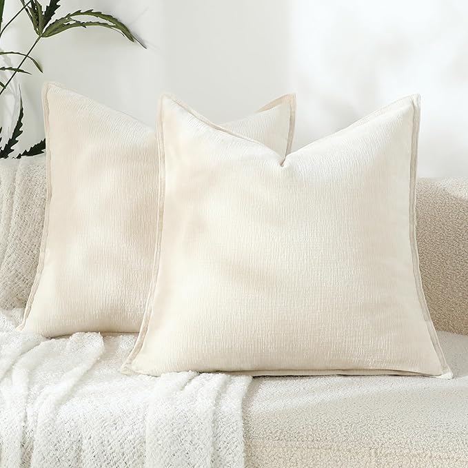 Stellhome Pack of 2 Soft Textured Throw Decorative Pillow Covers Square Accent Solid Chenille Cushion Cover Cozy Farmhouse Pillow Case for Couch Sofa Bedroom Living Room 22x22 Inch, Cream White