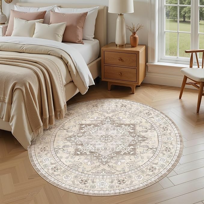 8ft Round Area Rug: Washable Vintage Neutral Soft Non Slip Thin Large Floor Carpet for Living Room Bedroom Kitchen Dining Room Home Office Farmhouse Indoor - Brown