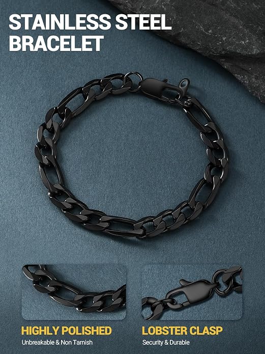 PROSTEEL Silver/Gold/Black Bracelets for Men Figaro Cuban Link, 6mm-13mm Width, 7.5"/8.3"/9" Length, Stainless Steel Mens Bracelet Jewelry with Gift Box