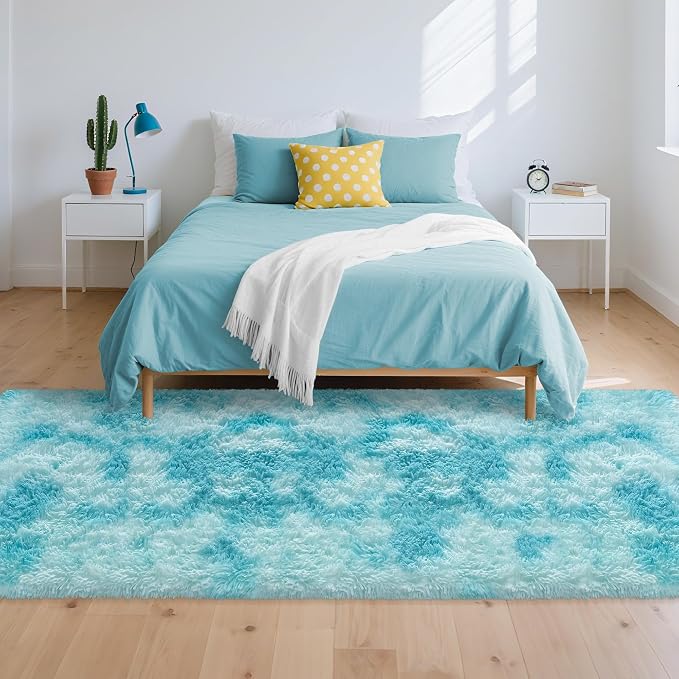 Light Blue Fluffy Rug for Bedroom Living Room, 3x10 ft Soft Sky Blue Bedroom Runner Rug for Bedside Kids Boys Room Hallway, Washable Fuzzy Kids Rugs Plush Shag Carpet for Nursery Dorm