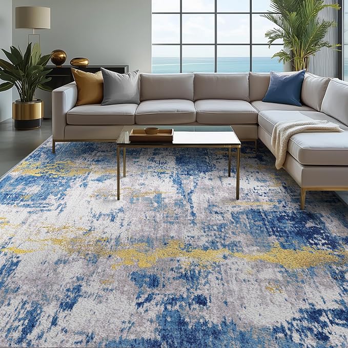 RELEANY Washable Area Rugs 10'x12' Non-Slip Modern Abstract Soft for Living Room Entryway Bedroom Kitchen, Print Pattern, Grey Blue Gold/Golden