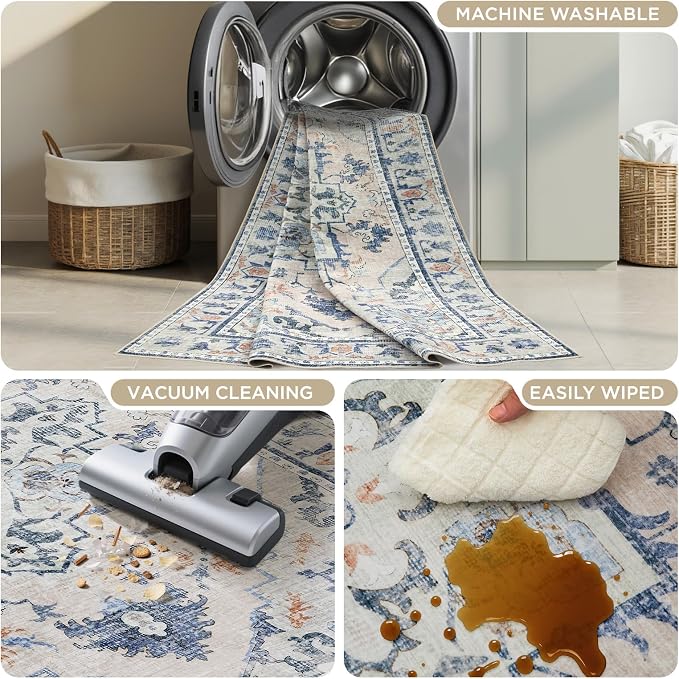 Joydeco 4x6 Area Rugs for Living Room, Non Slip Machine Washable Vintage Rug, Low Pile Chenille Print Rugs for Bedroom, Dining Room, Home Office, Pet & Child Friendly, Blue&Grey