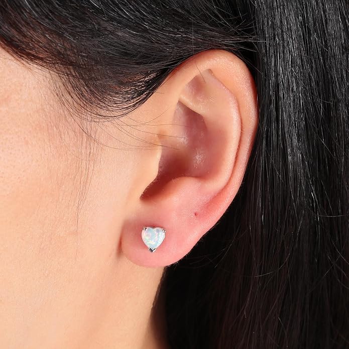 CiNily 925 Sterling Silver Stud Earrings for Women Teen, Heart Opal Stud Earrings, Dainty Cartilage Small Studs for Men, Heart Birthstone Earrings Lightweight Opal Jewelry for Mothers Day Birthday