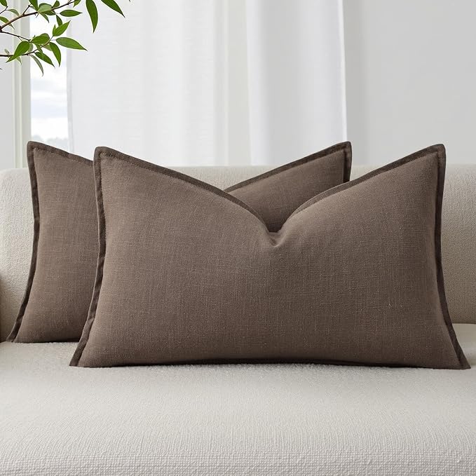 decorUhome Fall Brown Linen Throw Pillow Covers 12x20 Set of 2 | Decorative Soft Cozy Modern Farmhouse Boho Accent Pillow Cases with Flange Edges for Couch Bed Sofa Living Room Home Decor