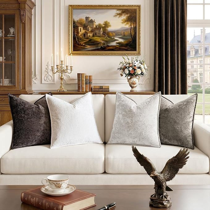 a moment Throw Pillow Covers 26X26 Inch 4 Packs,Soft Velvet Decorative Pillow Cases with 3D Ice Flower,Texture Modern Accent Cushion Covers for Sofa Couch Home Decor Modern Neutral