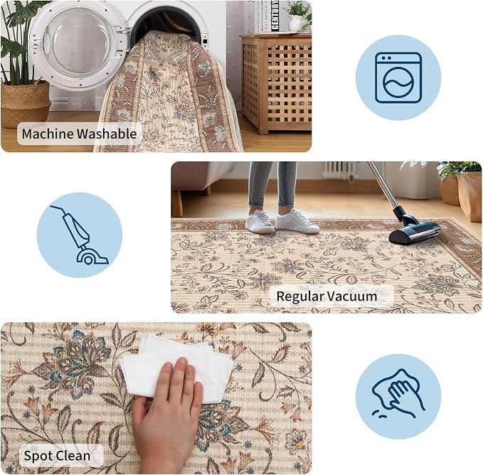 GarveeHome 5x7 Area Rug French Brown Washable Rugs for Living Room Bedroom, Soft Low Pile Non Slip Accent Floor Mat Botanical Floral Print Throw Rug Indoor Carpet Dining Room Playroom