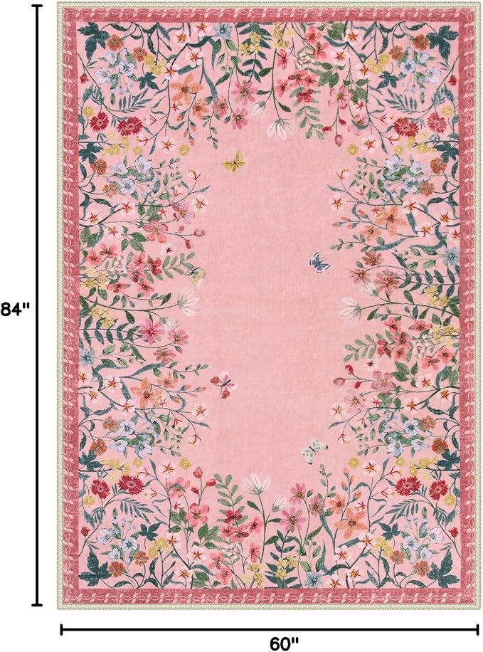 Wonnitar 5x7 Washable Area Rug, Pink Floral Rug for Living Room, Cute Boho Rug for Girls Bedroom, Non Slip Soft Nursery Carpet, Farmhouse Kids Room Decor (5x7 Pink)