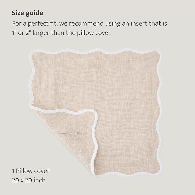 Double Stitch Scalloped Throw Pillow Covers - 100% Cotton Decorative Boho Pillow Covers 20 x 20, Made in India, Square Cushion Case, Modern Home Decor for Couch Sofa Living Room, Oat Milk