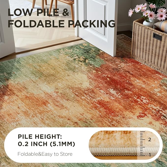 Joydeco 6x9 Area Rugs for Living Room, Non-Slip Modern Abstract Soft Washable Rug, Low Pile Carpet for Bedroom, Dining Room, Home Office, Pet & Child Friendly, Green & Orange & White