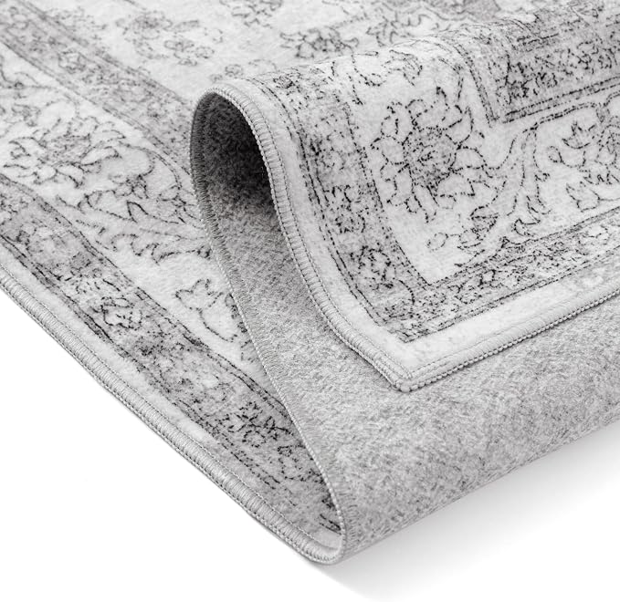 PureCozy Grey Gray Area Rug 4x6 Washable Vintage Carpet for Office Living Room Soft Retro Low Pile Thin Indoor Rug Non Slip Oriental Medallion Floor Cover for Bedroom Kitchen Dining Room