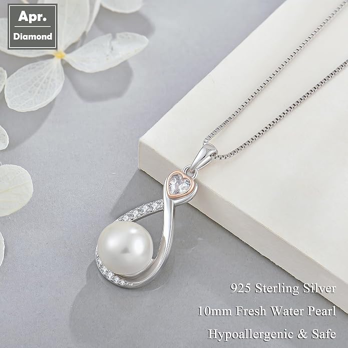 Heart Birthstone Pearl Pendant Necklace, 925 Sterling Silver Infinity Necklace with 10mm Freshwater Cultured Pearl & 4mm Gemstone Jewelry for Women