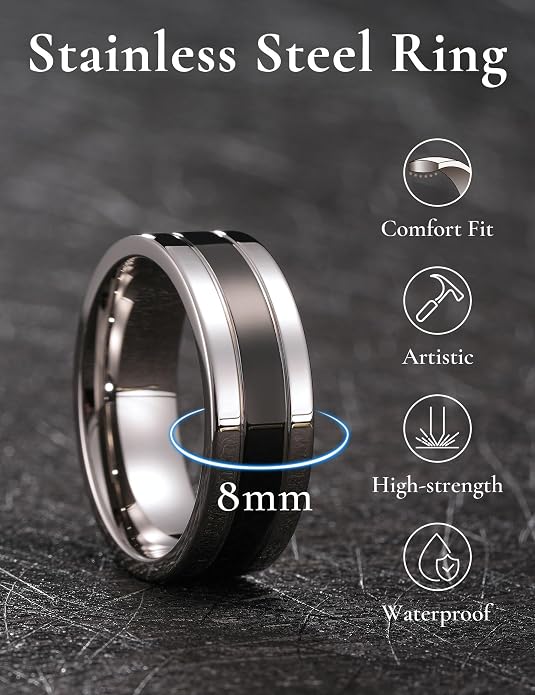 King Will 316L Stainless Steel Men's Wedding Band – 6/8 mm Dual-Tone Wedding Ring Polished Finish with Gold/Black Steel Plating, Fashionable and Durable Stainless Steel Men's Ring Size 7-14