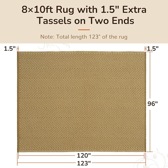 8x10 Washable Boho Area Rug with Tassels for Living Room Yellow Beige | Vacuum Friendly, Machine Washable, Non-Slip Rug, Modern Farmhouse Neutral Decor Carpet, Bedroom Dining Room Office Kitchen