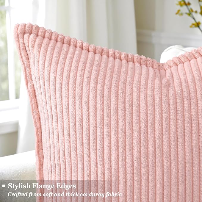 decorUhome Fall Corduroy Pink Throw Pillow Covers 24x24 Set of 2 | Euro Sham Couch Decorative Soft Modern Boho Farmhouse Pillow Covers Broadside Striped Pillow Cases for Living Room Bed Sofa