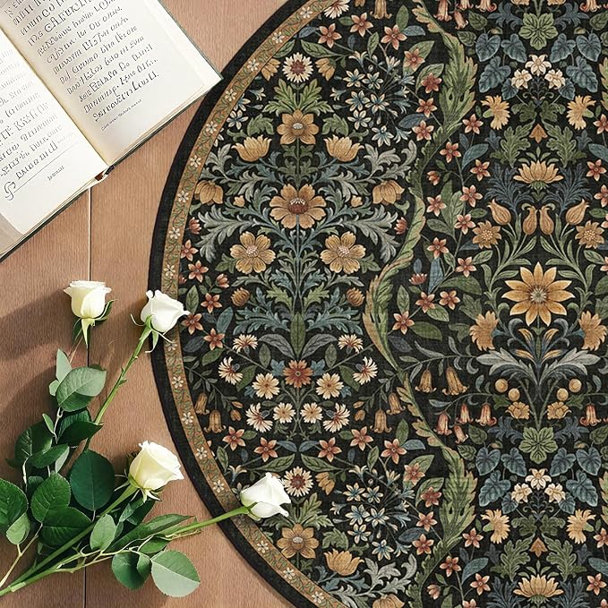 Round Rug 8ft Black Brown Washable Floral Circle Rug,Vintage Boho Botanical Round Area Rugs, Non-Slip Soft Low-Pile Circular Carpet for Bedroom,Kids Room,College Dorm,Home Decor