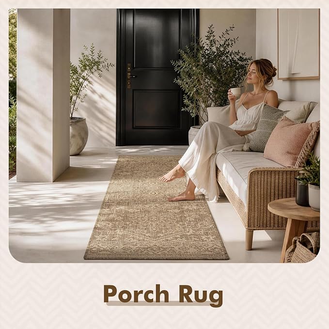 MontVoo-2x6 ft Indoor Outdoor Runner Rugs for Entryway Porch Hallway Kitchen Door Entrance Long, Textured Weave Polypropylene, Durable for High Traffic, Fade-Resistant, Vintage Medallion Neutral Brown