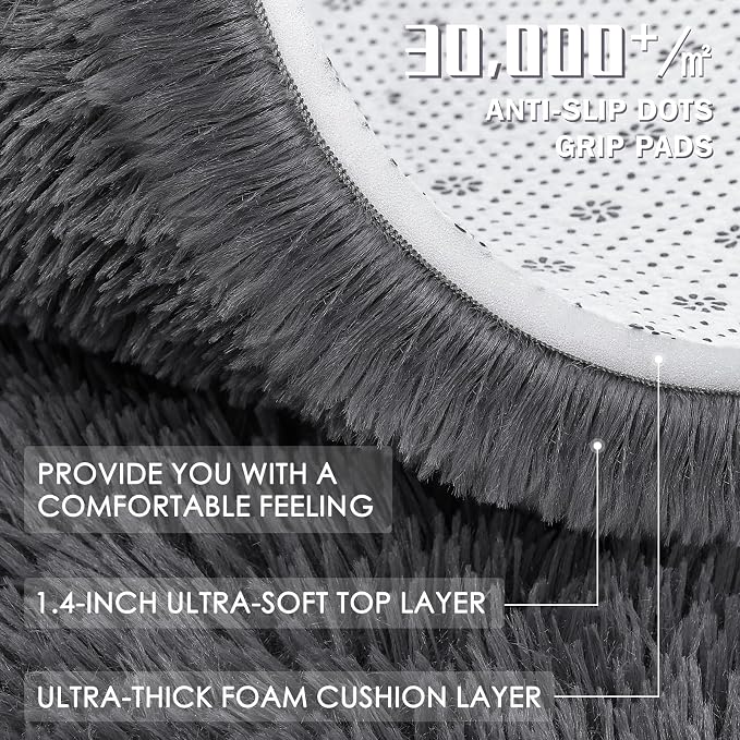 OLANLY Grey Round Rugs for Bedroom - Machine Washable, 2 ft Circle Area Rugs for Living Room, Soft and Fluffy Shaggy Carpet for Teen Girls and Boys, Nursery Rooms, Dorms, Home Decor Aesthetic