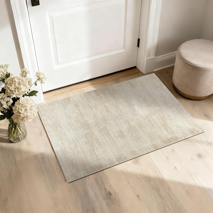 3x5 Washable Rug for Bathroom Neutral Boho Ombre Tan Beige Area Rugs Small | with Non Slip Low Pile, Boho Abstract Modern Farmhouse, Floor Covering Carpet, for Bedroom Dorm Laundry Room, Rubber Backing