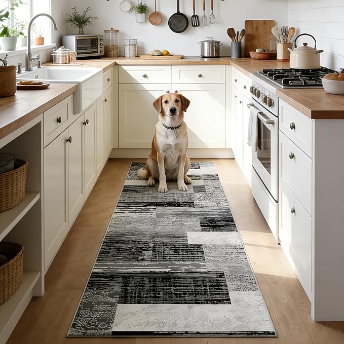 FlyDOIT Modern Geometric Patchwork Runner Rug, 2.7x10 Grey Runners for Hallways Non Slip, Washable Indoor Bedside Rugs for Bedroom, Floor Throw Carpet Runners for Entryway Kitchen Bathroom Laundry