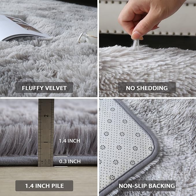 Grey Shag Area Rug 4x6 Bedroom - Soft Fluffy Carpet Tie-Dyed Light Gray | Artistic Tie-Dye Light Gray Unique Gradient Pattern Adds a Creative, Calming Touch That Blends Into Any Modern Bedroom Decor