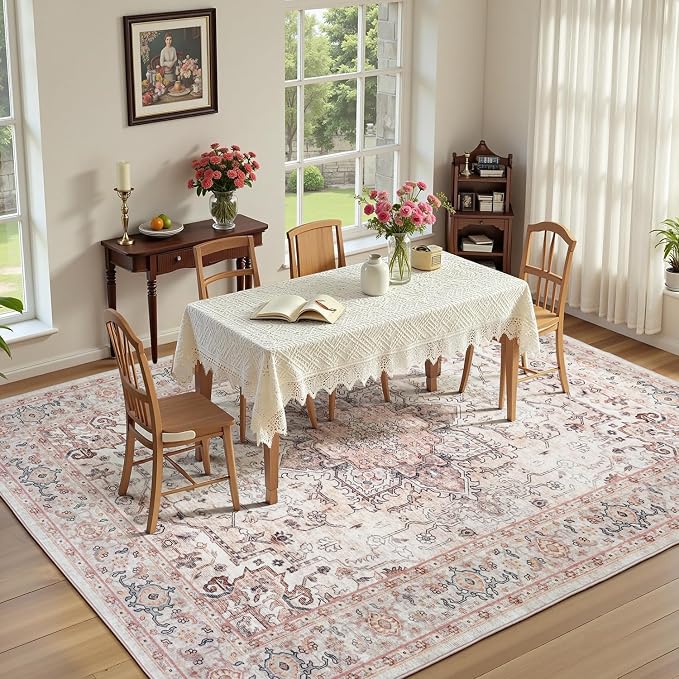 5x7 Dusty Pink Area Rugs for Living Room - Vintage Light Pink Boho Medallion Aesthetic Distressed Washable Rug, Soft Non-Slip Backing Low Pile Carpet for Nursery, Lounge, Bedroom Foot of Bed