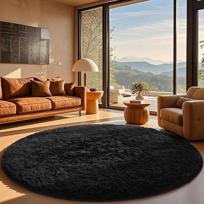 Ophanie Round Rug 8Ft Black Circle Area Rug, Room Decor for Men, Fluffy Fuzzy Bedroom Carpet, Plush Soft Shaggy Living Room Rugs for Kids Home Aesthetic, Nursery with Over 99 pcs Pile fibers