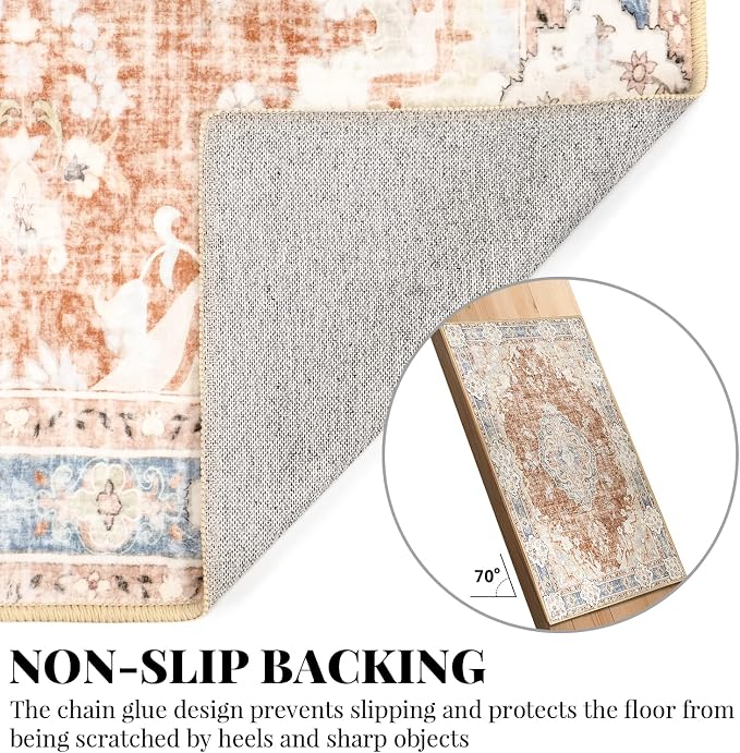 MUJOO Washable Runner Rug 2x8 Area Rugs Non Slip Low-Pile Flowers | Long Throw Carpet for Hallways Entryway Kitchen Bathroom Bedside Bedroom Laundry Boho Soft Indoor Floral Orange Navy Blue