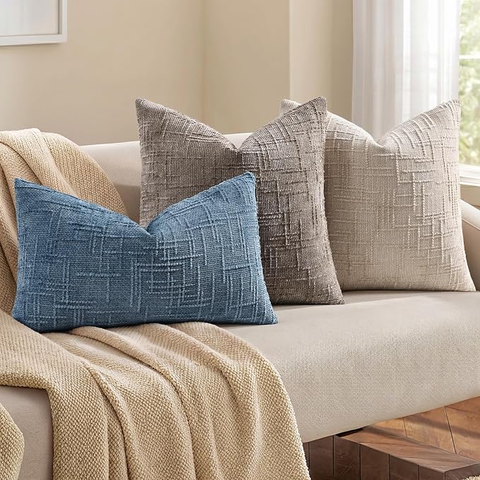 decorUhome Textured Chenille Throw Pillow Covers 18x18 Set of 2 Ivory | Fall Modern Farmhouse Soft Cozy Slubby Couch Pillow Cases Boho Decorative Pillow Cases for Bed Sofa Living Room Home Decor