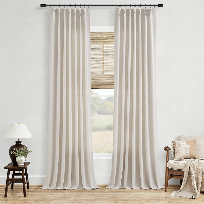 Mousse White Pinch Pleated Linen Curtains 96 Inches Long for Living Room Bedroom Light Filtering Boho Farmhouse Drape 96 inch 2 Panels with Hooks Rings 8ft Sliding Glass Door Semi Sheer Window Curtain