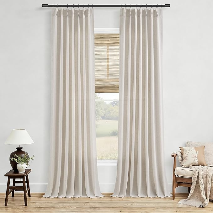 Aersas Mousse White Pinch Pleated Linen Curtains 112 Inches Long for Living Room Bedroom Light Filtering Neutral Farmhouse Curtain 112 Length Hooks Rings Back Tab for Sliding Door 2 Panels