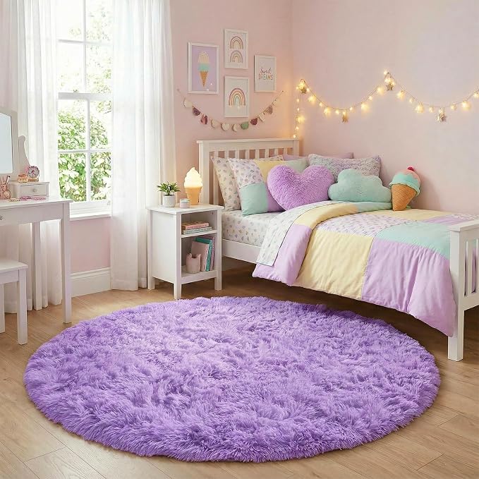 Amdrebio Purple Round Circle Rugs 6Ft for Girls Bedroom Decor Aesthetic, Large Fluffy Fuzzy Area Rugs for Kids Room, Soft Cute Furry Plush Shaggy Lavender Carpet for Living Room, Baby Nursery, Dorm
