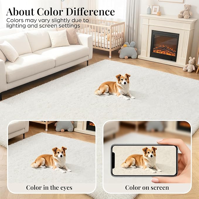 Area Rug for Living Room Bedroom: 6x9 White Soft Fluffy Shag Upgrade Non-Slip High Pile Carpet Large Fuzzy Plush Indoor Floor Decor Shaggy Rug for Kid Boys Girls Dorms Playroom Nursery Modern Home