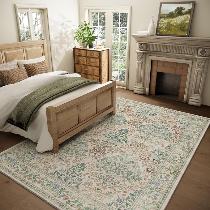 Machine Washable Rugs for Living Room: 6x9 Bedroom Rug Vintage Stain Resistant Non Slip Low Pile Lightweight Soft Carpets for Living Room Dining Room Kitchen Nursery Kids Room Farmhouse
