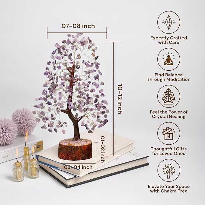 Amethyst Crystal Tree of Life 10-12 Inch with 2 Chakra Pendants – Healing Crystal Bonsai Money Tree for Positive Energy, Feng Shui, Reiki, Spiritual Home Decor & Gifts for Women