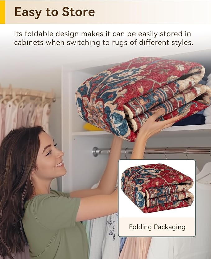 RELEANY Area Rugs Square 10ft Washable Non-Slip, Floral Vintage Distress Medallion Carpet for Living Room Bedroom Dining Room, Red Blue